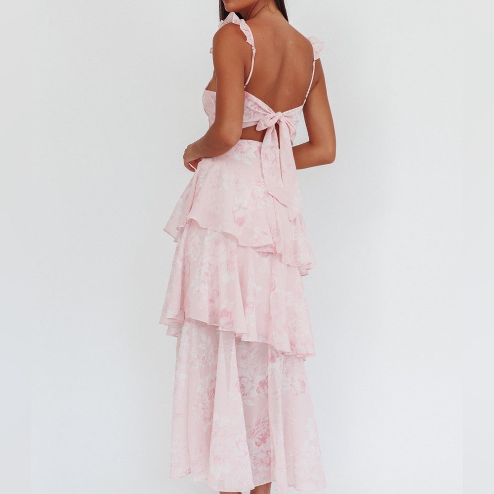 Selfie Leslie nwt Veda Ruffle Strap Split Maxi Dress Roses Blush - Picture 2 of 10